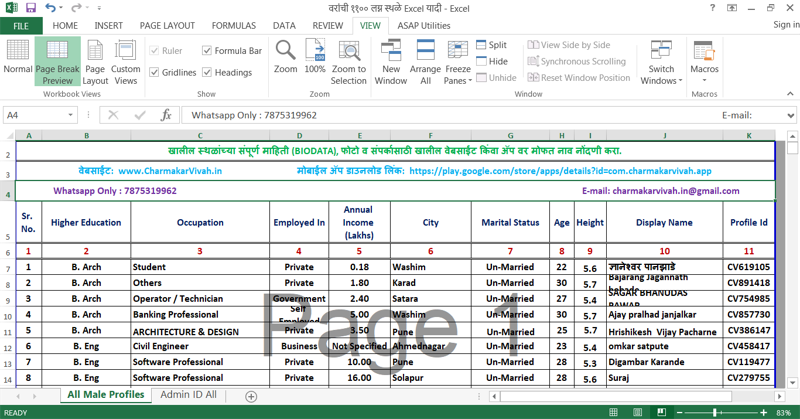 ३) वरांची ११०० लग्न स्थळे Excel यादी